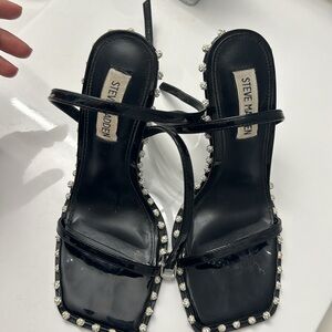 Steve Madden black rhinestone square toe strap heels pumps